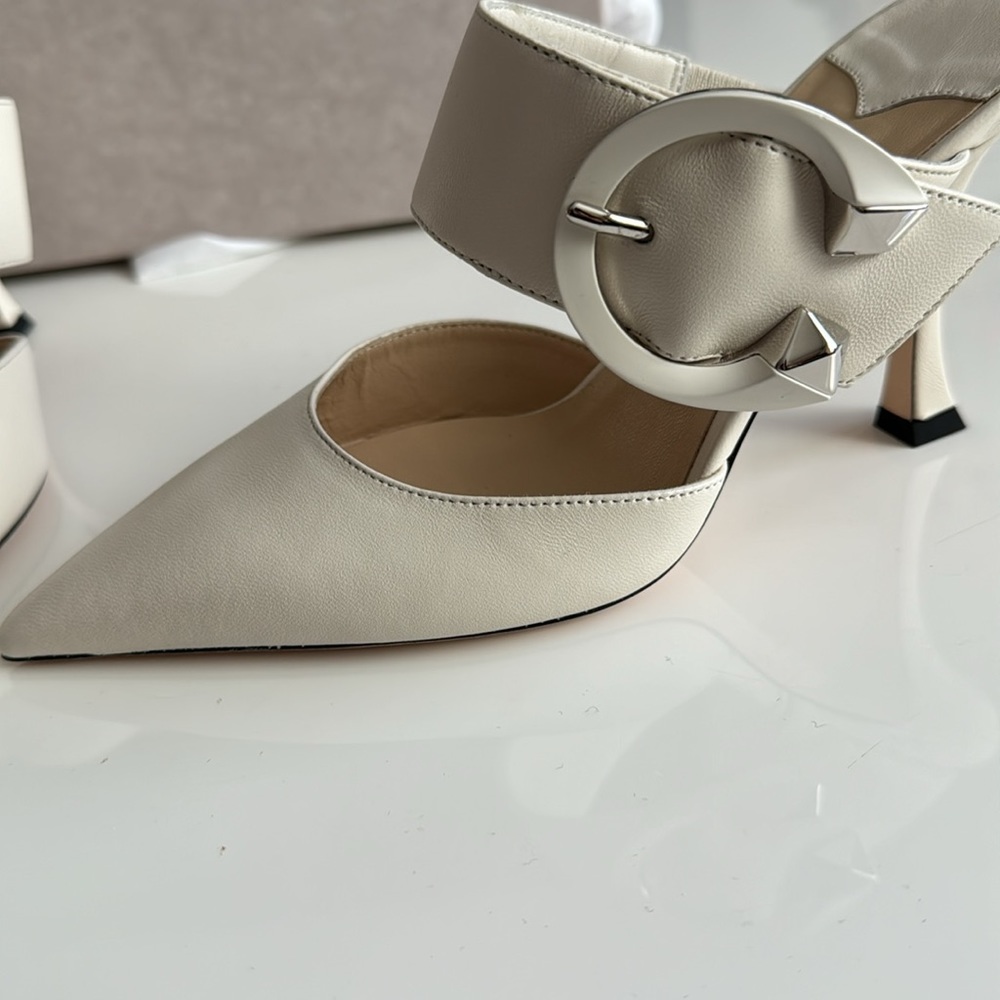 Jimmy Choo Ivory Pointed-Toe Leather Mules with Decorative Buckle - Picture 5 of 9